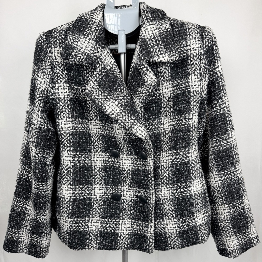 East 5th Buffalo Plaid Boucle Peacoat Jacket Womens XL Black White Old Money